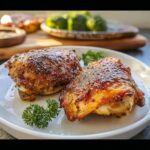 Two perfectly seasoned and crispy Baked Low Carb Chicken Thighs on a white plate garnished with parsley.