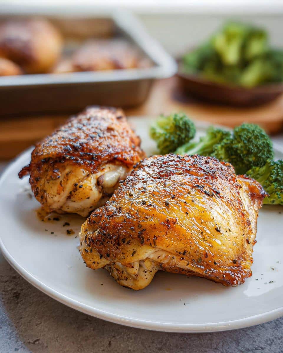 Two perfectly seasoned Baked Low Carb Chicken Thighs with crispy, golden-brown skin served alongside steamed broccoli.