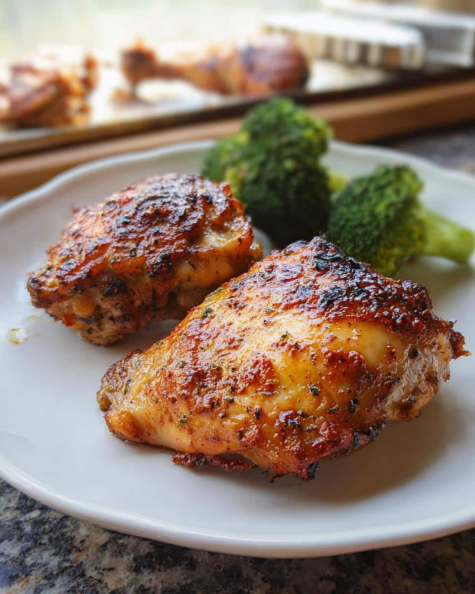 Two golden brown Baked Low Carb Chicken Thighs served with steamed broccoli florets on a white plate.
