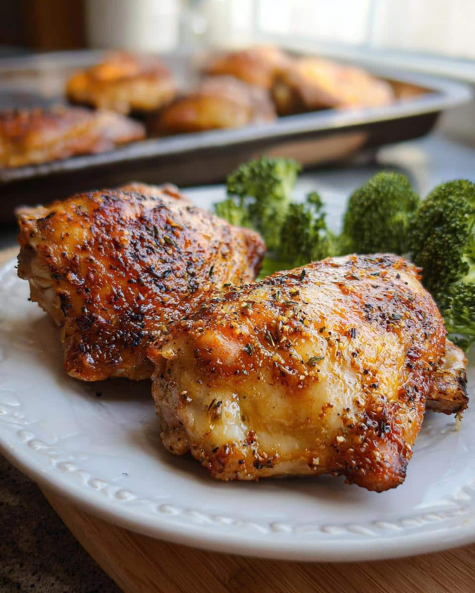 Two golden brown Baked Low Carb Chicken Thighs seasoned with herbs on a white plate next to broccoli.