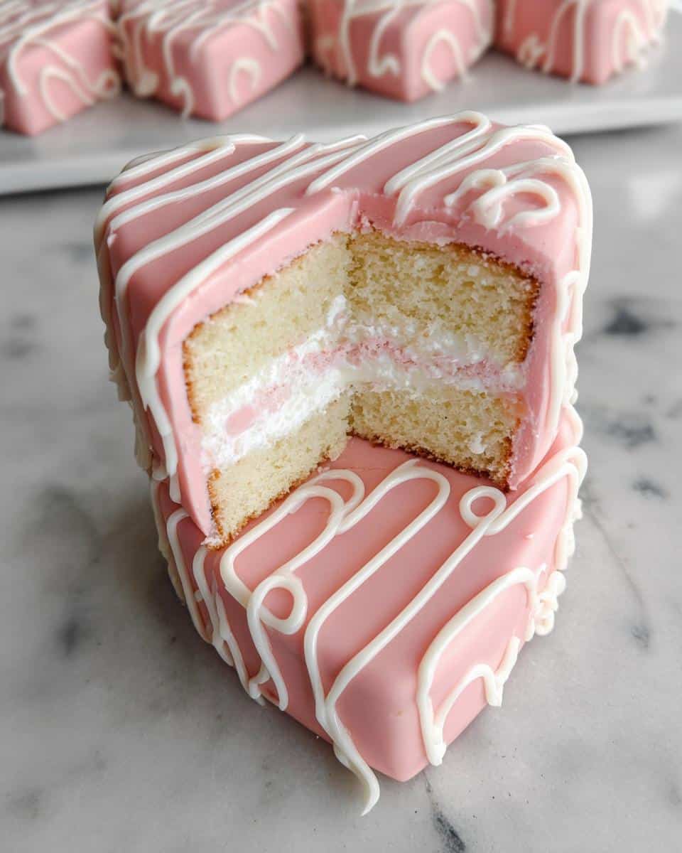 Close-up of a heart-shaped Bakery Style Valentine Cake petit four cut in half, showing layers of vanilla cake and cream filling.