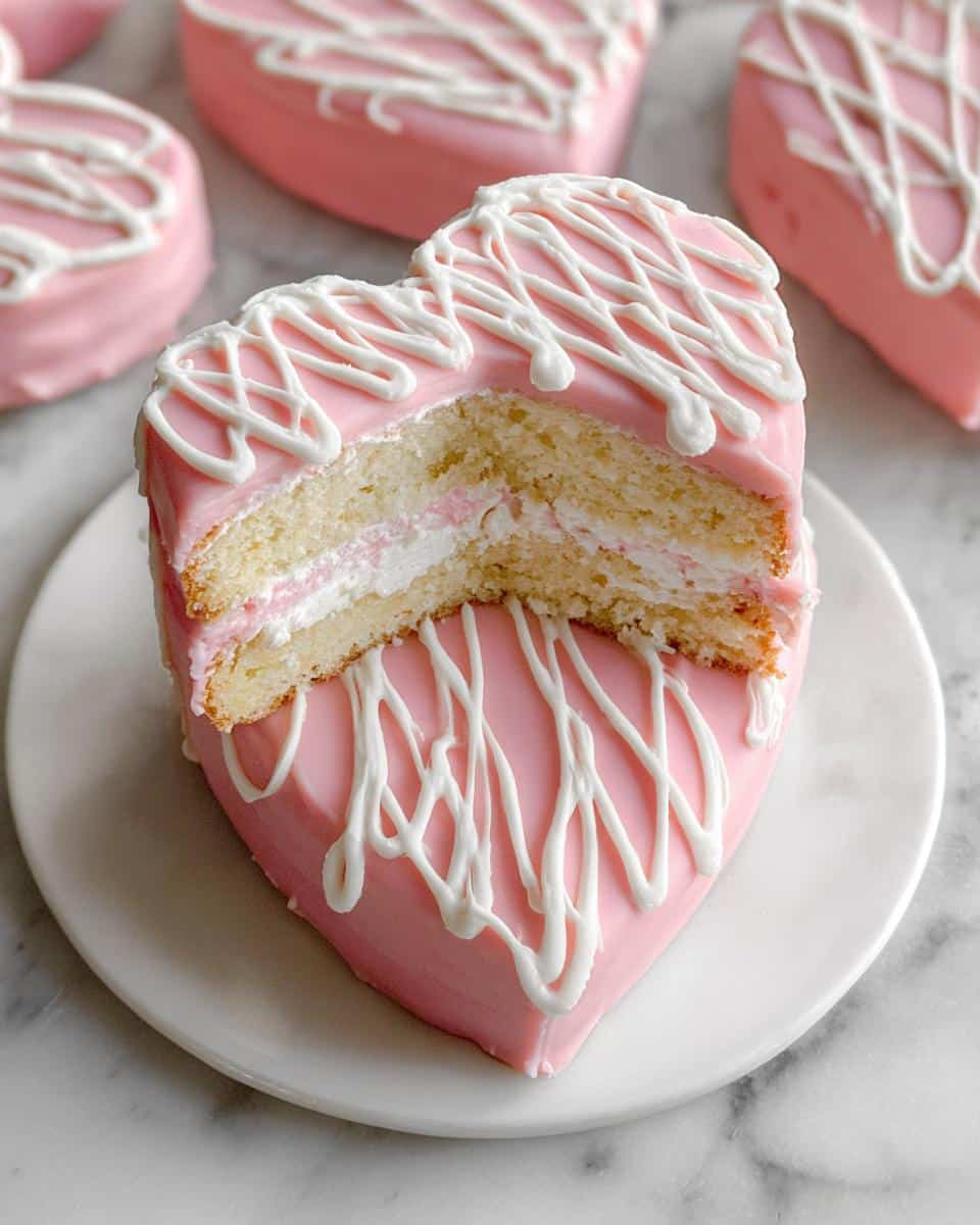 Close-up of a heart-shaped Bakery Style Valentine Cake cut in half, showing layers of yellow cake and cream filling.