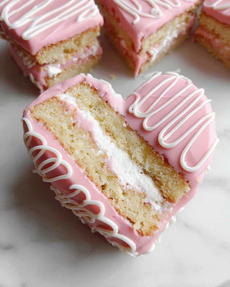 Close-up of a heart-shaped Bakery Style Valentine Cake slice showing layers of vanilla cake, cream filling, and pink icing.