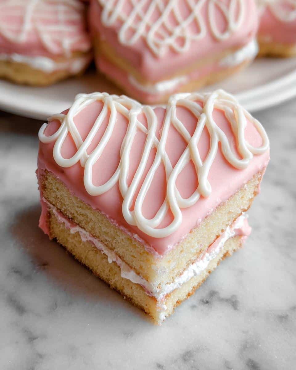 A single slice of Bakery Style Valentine Cake shaped like a heart, topped with pink icing and white drizzle.