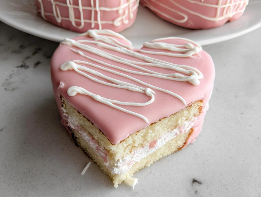 A cross-section view of a heart-shaped Bakery Style Valentine Cake slice with pink icing and white drizzle.