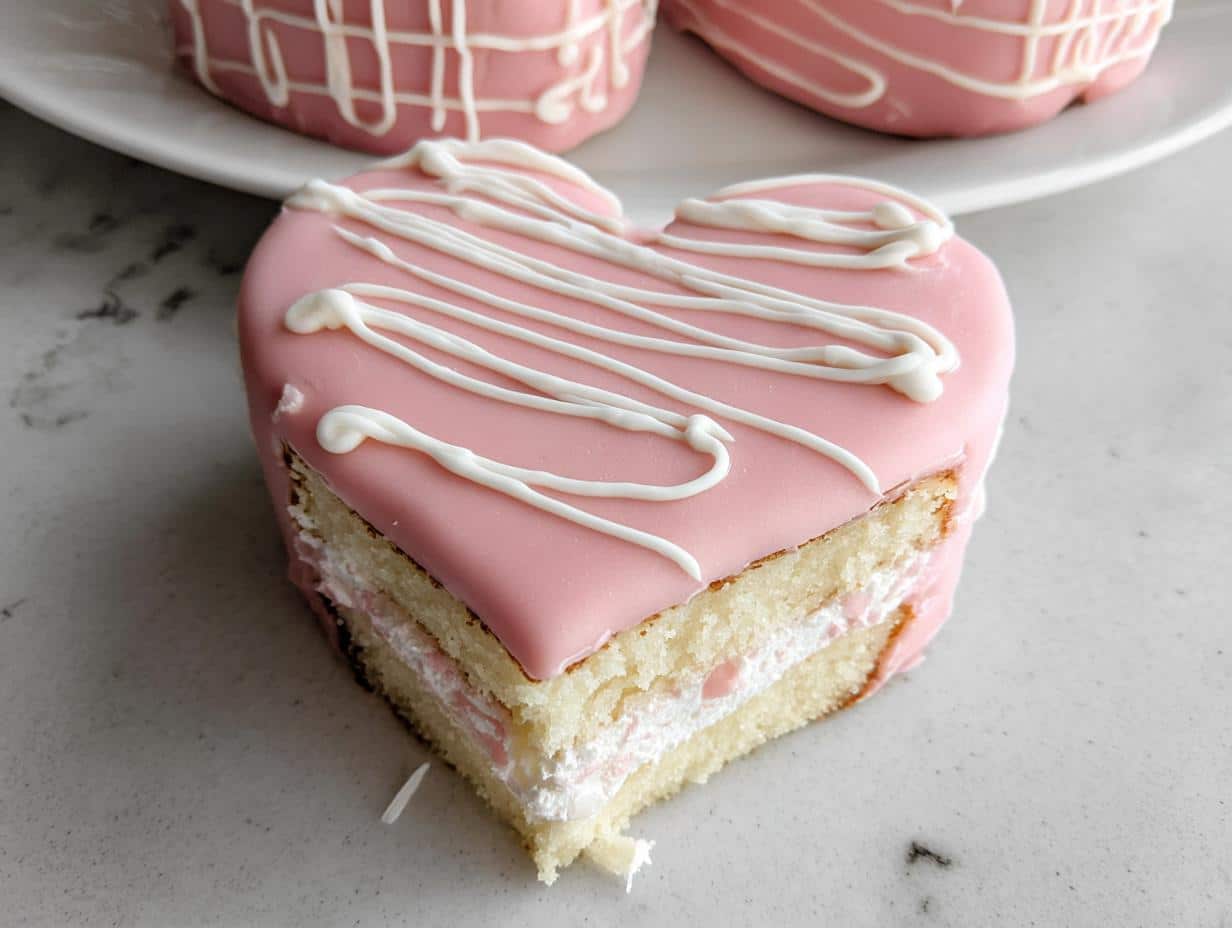 A cross-section view of a heart-shaped Bakery Style Valentine Cake slice with pink icing and white drizzle.
