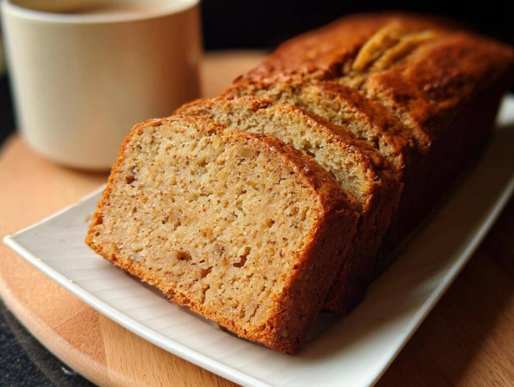 A loaf of moist Banana Bread with No Eggs, sliced and presented on a white rectangular plate next to a mug.
