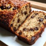 Close-up of moist Banana Bread With Brown Butter studded with melted chocolate chips, sliced on a white plate.