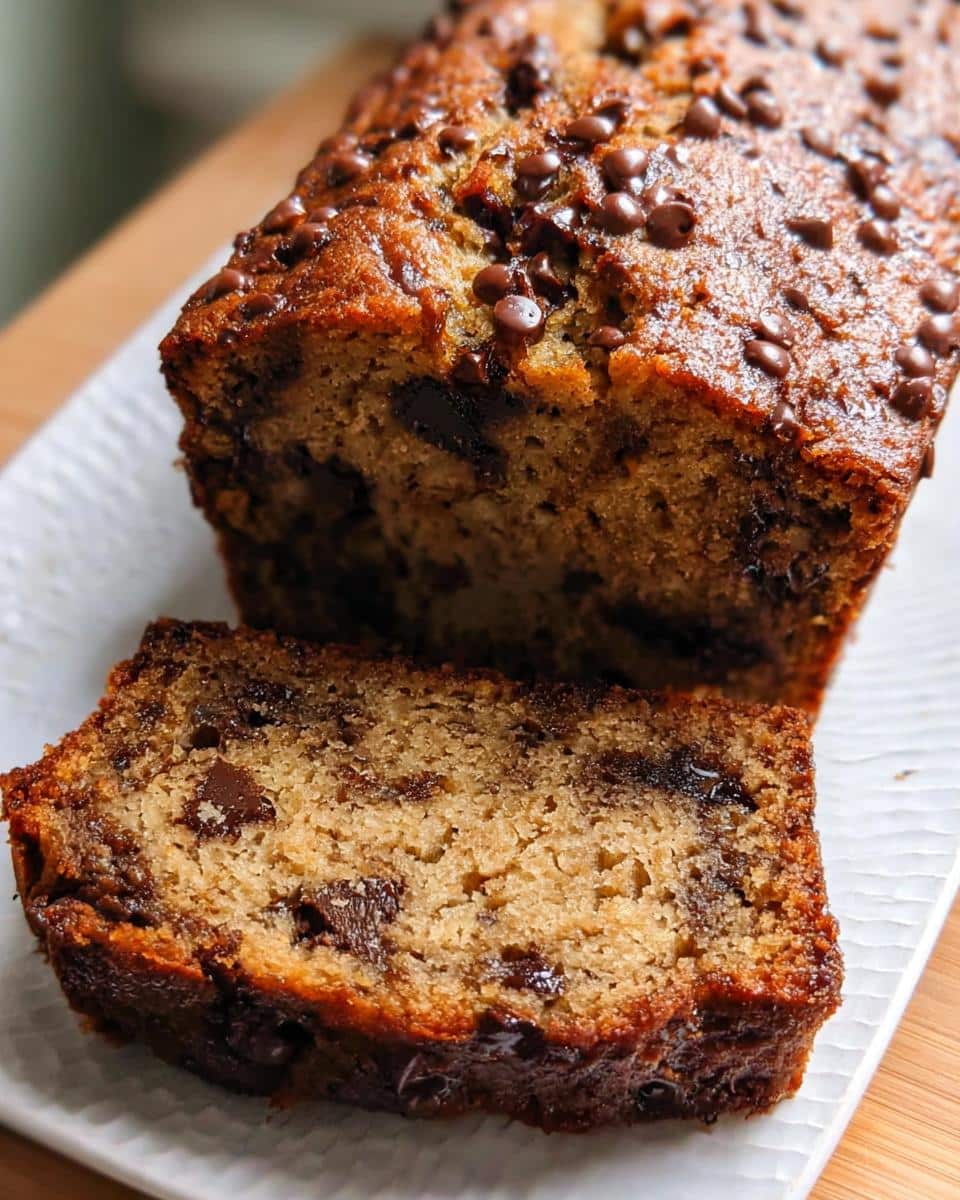 A close-up of a moist Banana Bread With Brown Butter loaf, topped with chocolate chips and one slice cut.