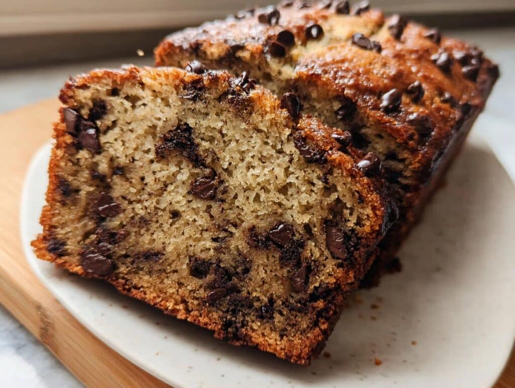 Close-up of a moist slice of Banana Bread With Brown Butter studded with chocolate chips.