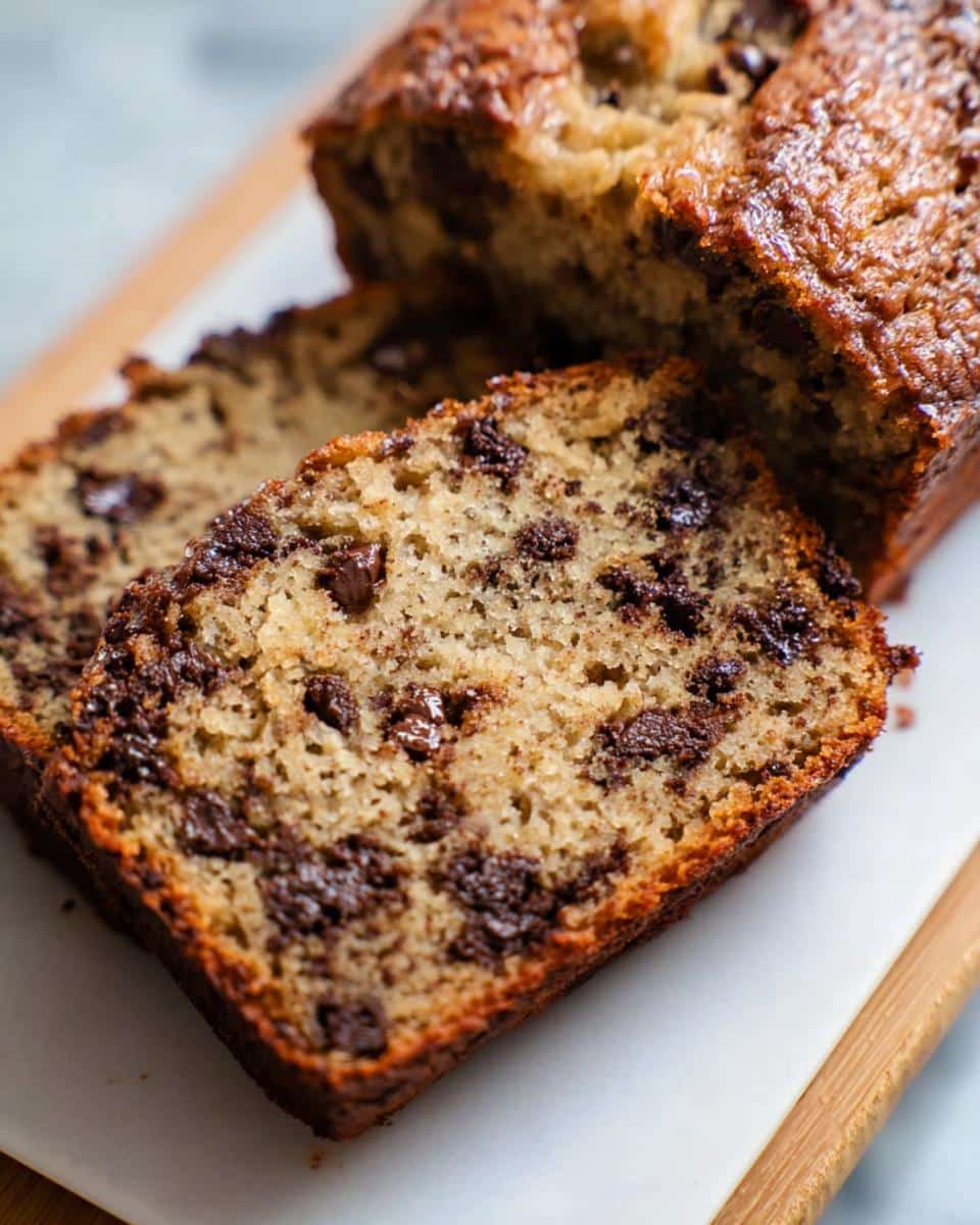 Close-up of moist slices of Banana Bread With Brown Butter loaded with melted chocolate chips.