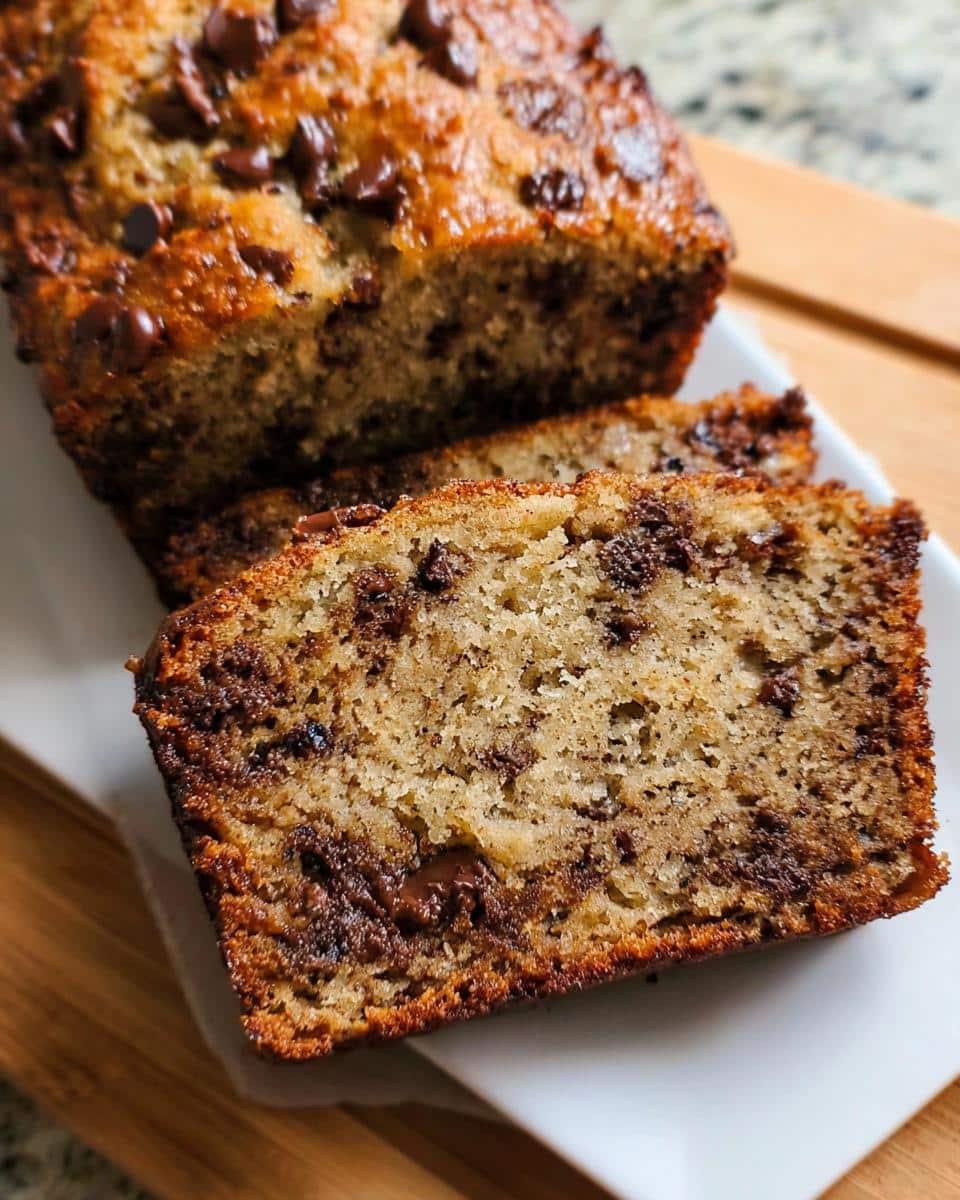 Close-up of moist Banana Bread With Brown Butter studded with chocolate chips, sliced on a white plate.
