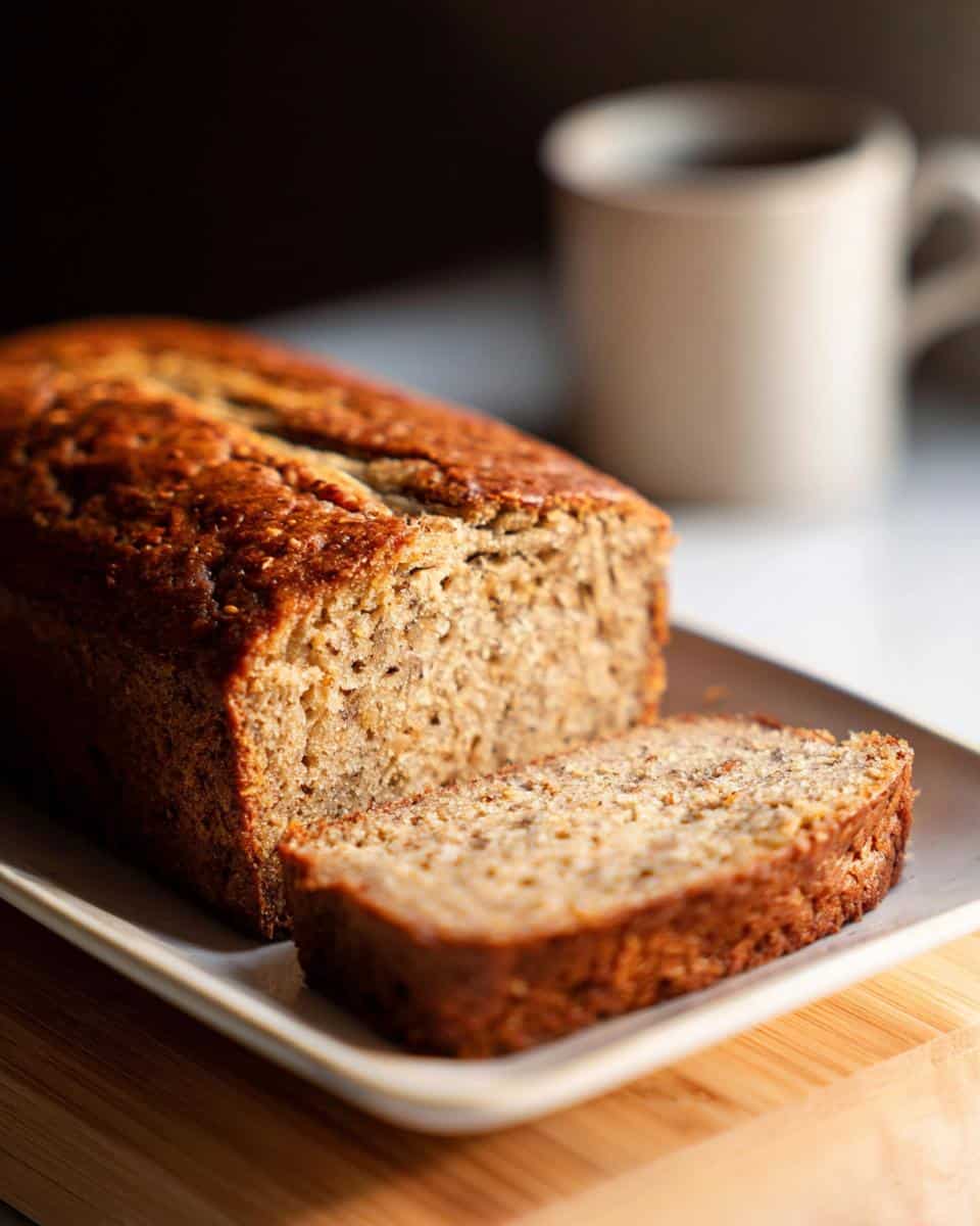 A loaf of moist Banana Bread with No Eggs, with one thick slice cut and resting beside it, next to a mug.
