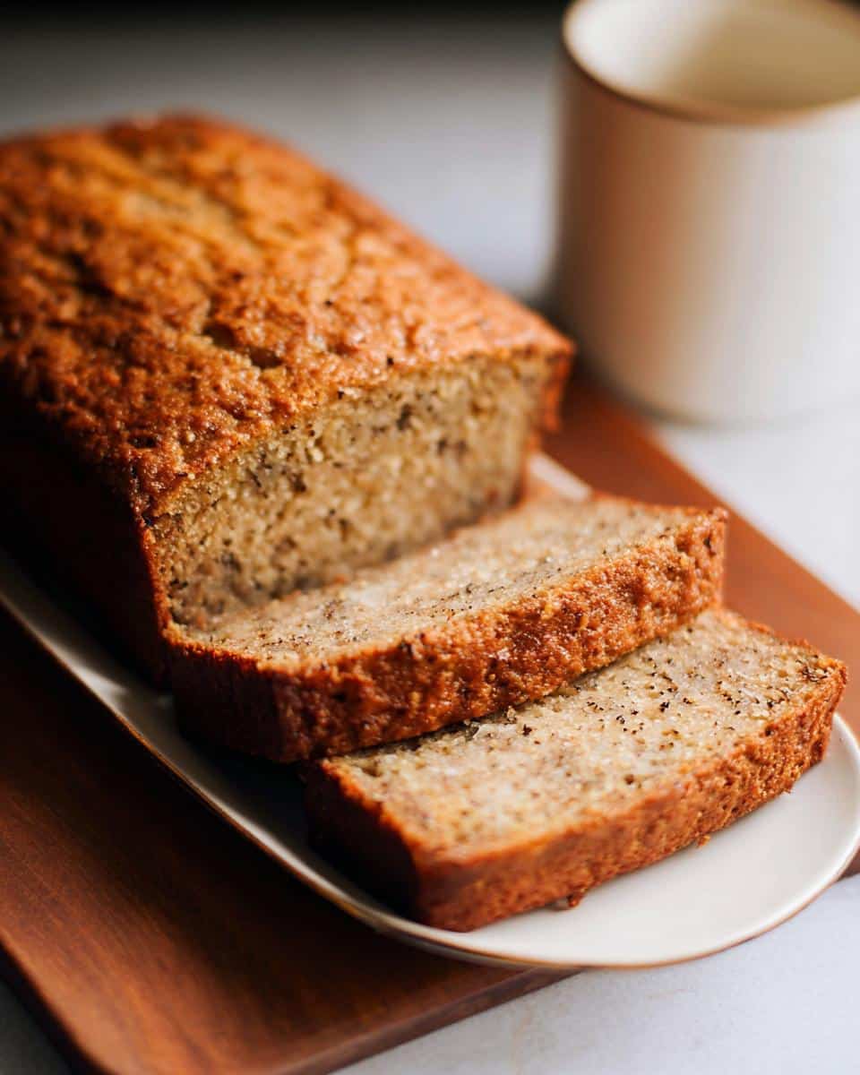 A loaf of golden-brown Banana Bread with No Eggs, partially sliced, resting on a small white plate.
