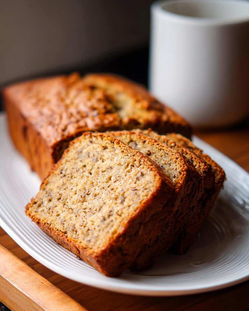 Close-up of moist slices of Banana Bread with No Eggs served on a white plate next to a mug.