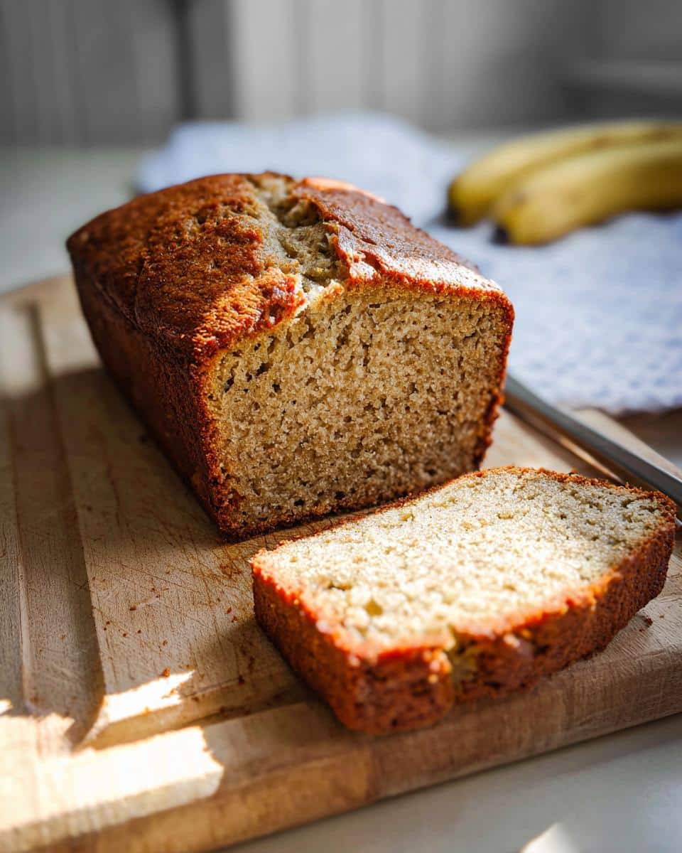 A loaf of freshly baked Banana Bread With Olive Oil, partially sliced on a wooden board.