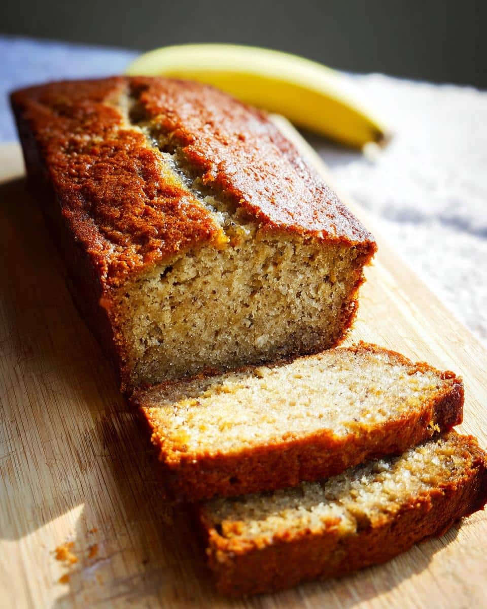 A golden-brown loaf of Banana Bread With Olive Oil, partially sliced on a wooden board with a whole banana in the background.