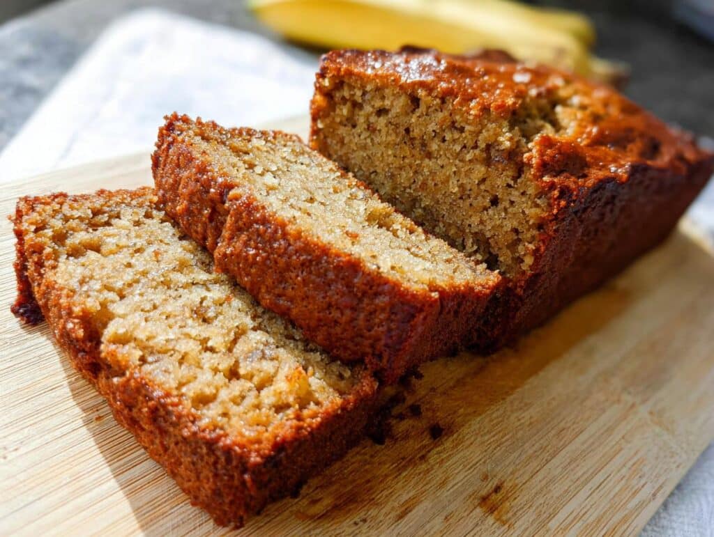A loaf of moist Banana Bread With Olive Oil, sliced on a wooden cutting board.