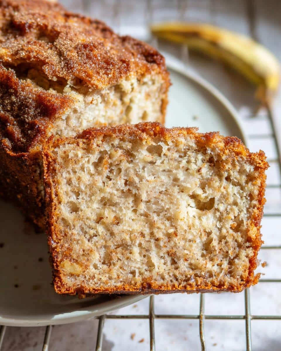 Close-up of a moist slice of Banana Bread With Ricotta topped with cinnamon sugar.