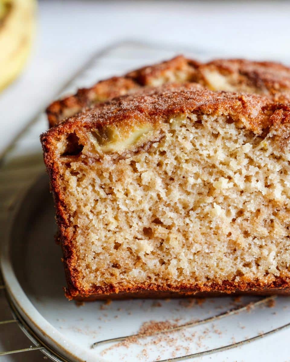 Close-up of a moist slice of Banana Bread With Ricotta topped with cinnamon sugar.