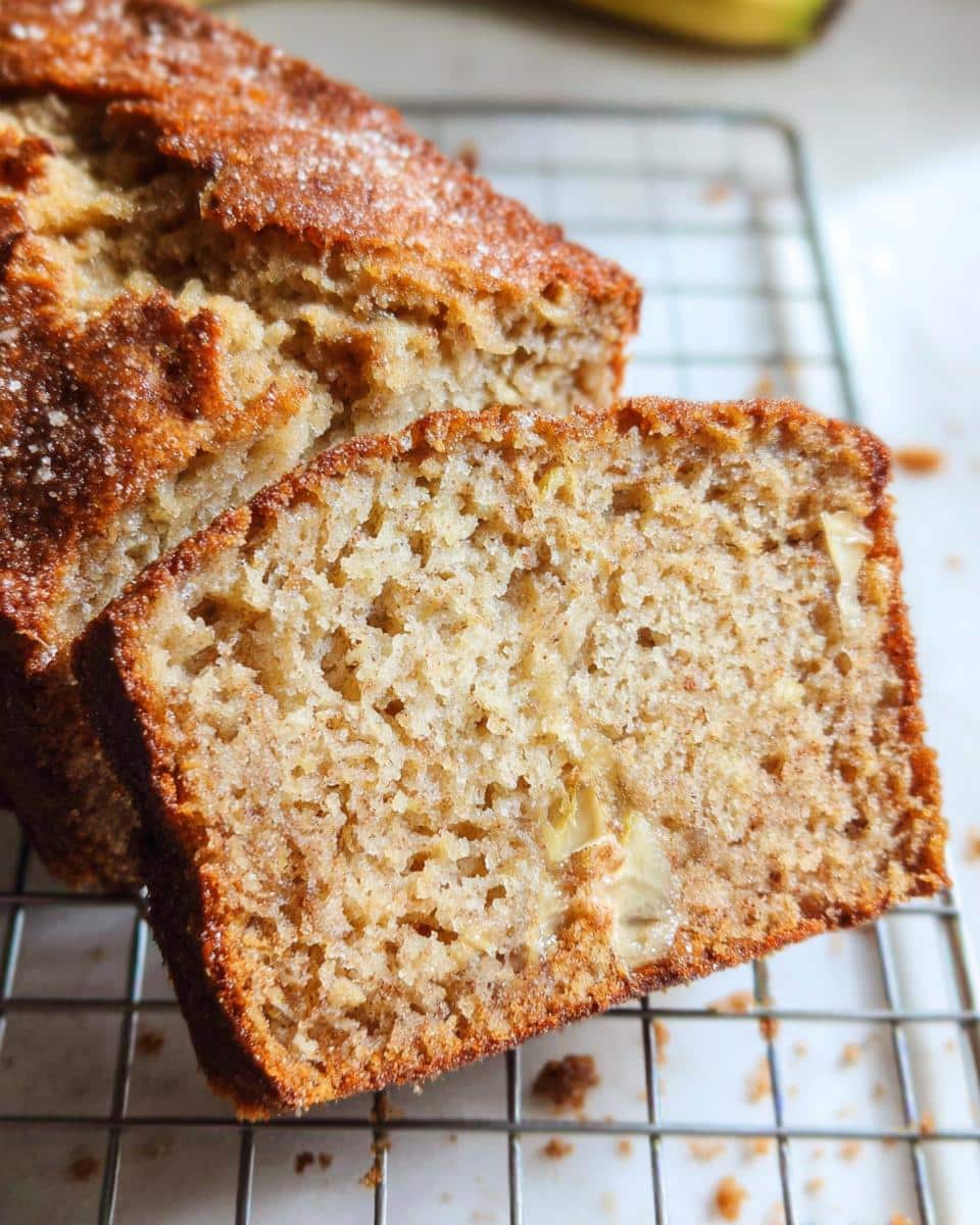 Close-up of a moist slice of Banana Bread With Ricotta showing its crumb texture, resting on a wire rack.