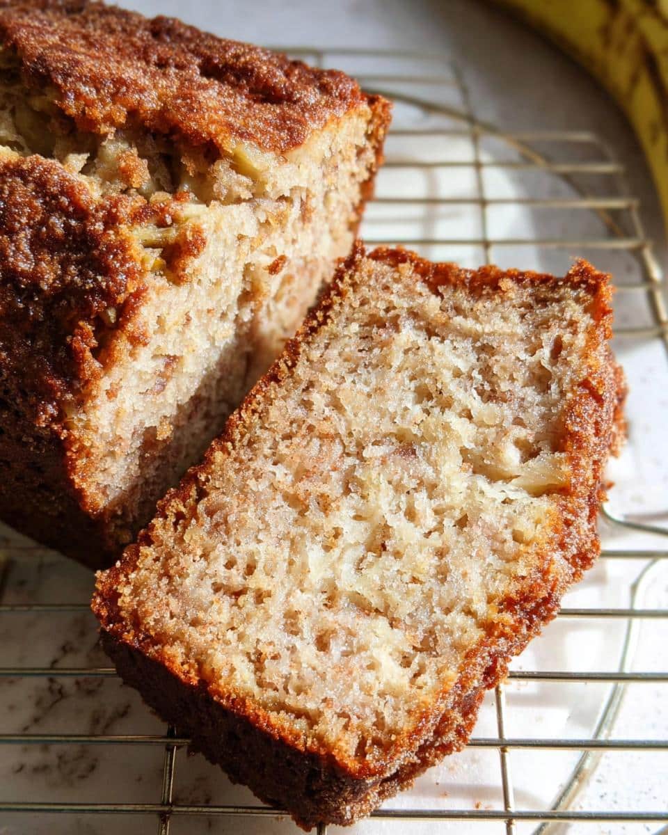 Close-up of a moist slice of Banana Bread With Ricotta showing a tender crumb and sugary crust, cooling on a wire rack.