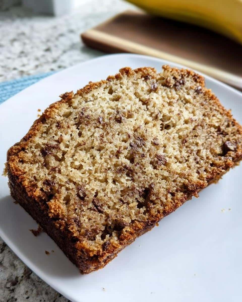 Close-up of a moist slice of Banana Bread With Yogurt, showing chocolate chips throughout the crumb.