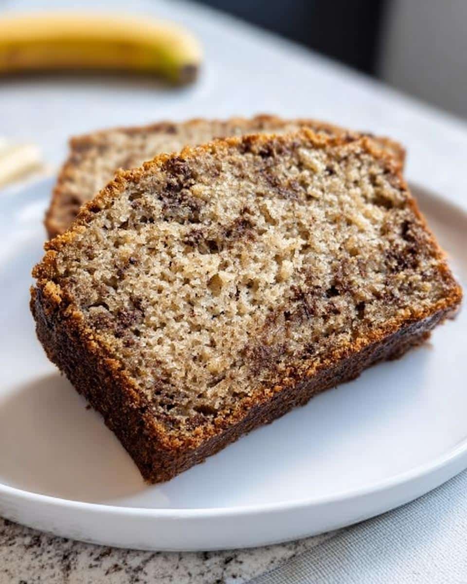 Close-up of a moist slice of Banana Bread With Yogurt showing chocolate swirls, served on a white plate.