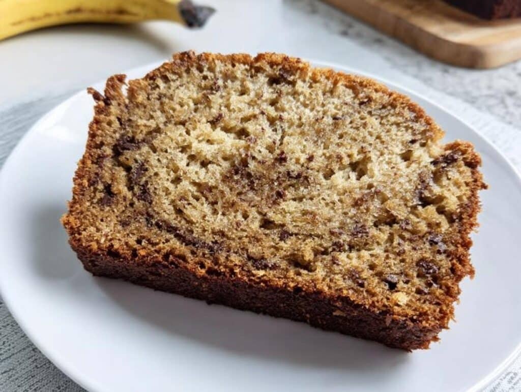 Close-up of a moist slice of Banana Bread With Yogurt, showing chocolate swirls.