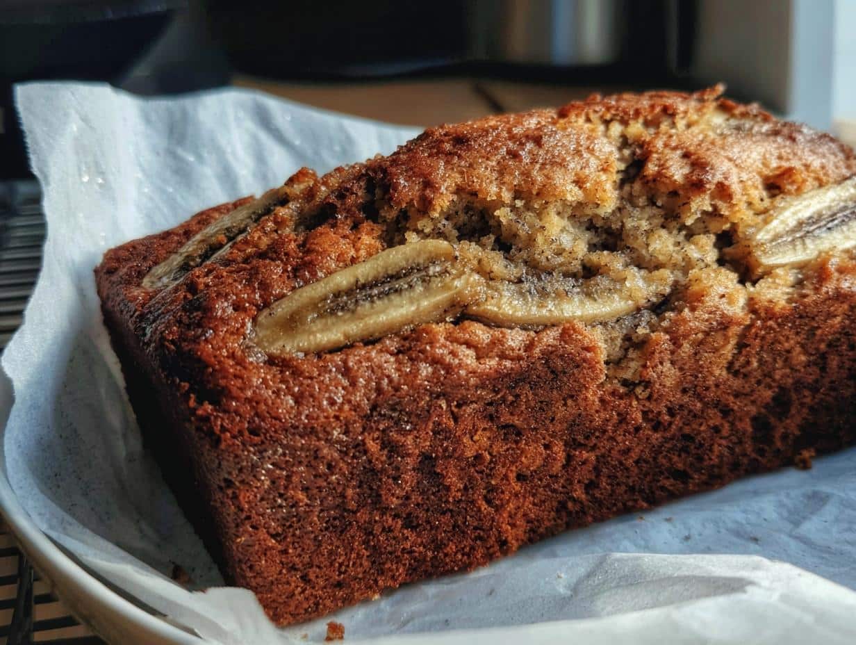 A close-up of a golden-brown, moist loaf of Banana Walnut Bread topped with banana slices.