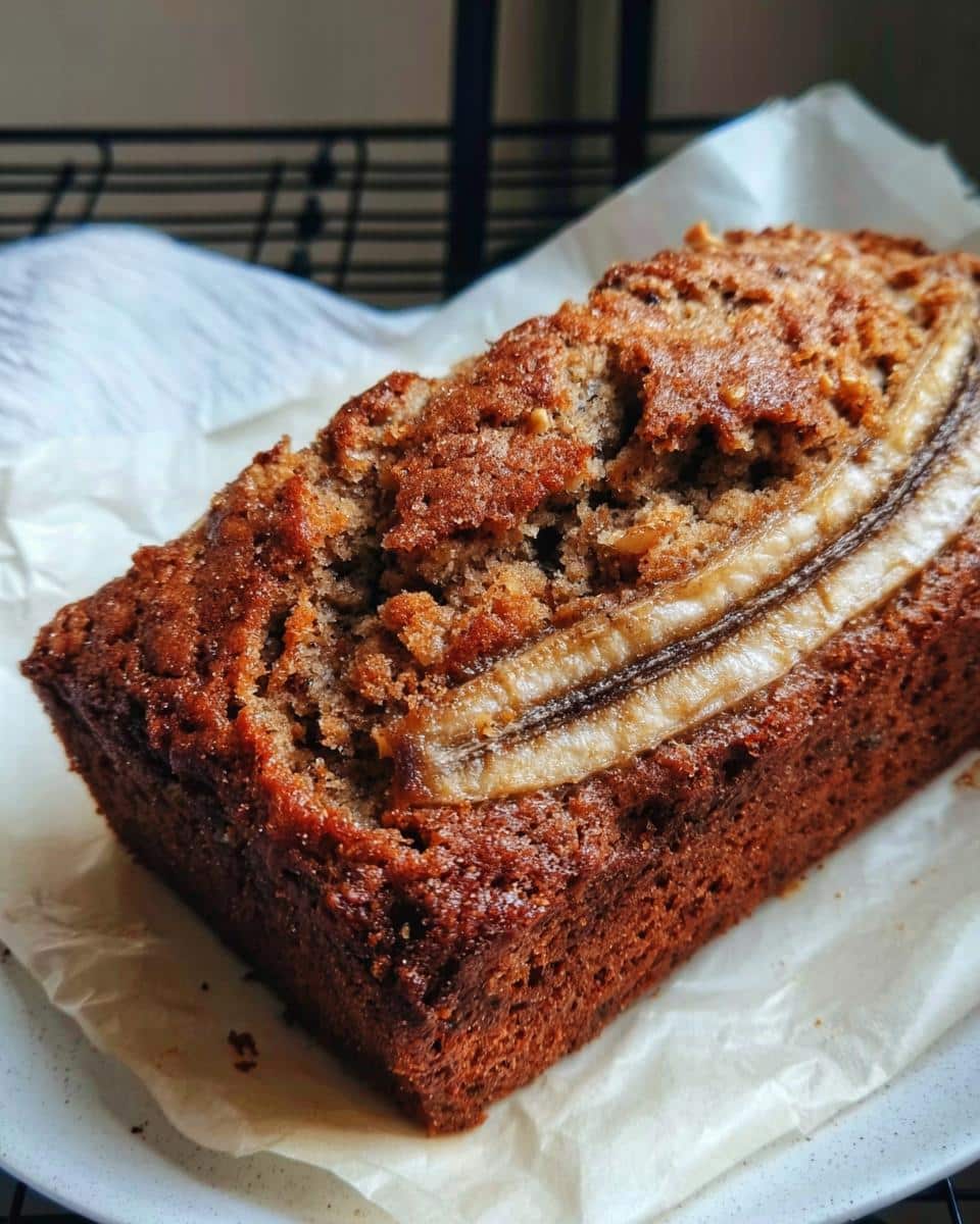 A golden brown loaf of Banana Walnut Bread topped with a sliced banana half.