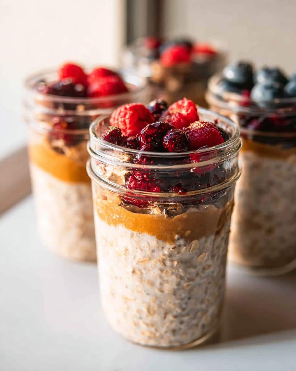 Close-up of a glass jar filled with creamy Overnight Oats Meal Prep Jars, topped with peanut butter and mixed berries.