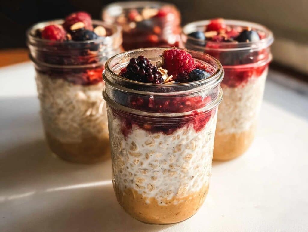 Four jars of layered Overnight Oats Meal Prep Jars topped with mixed berries and granola.