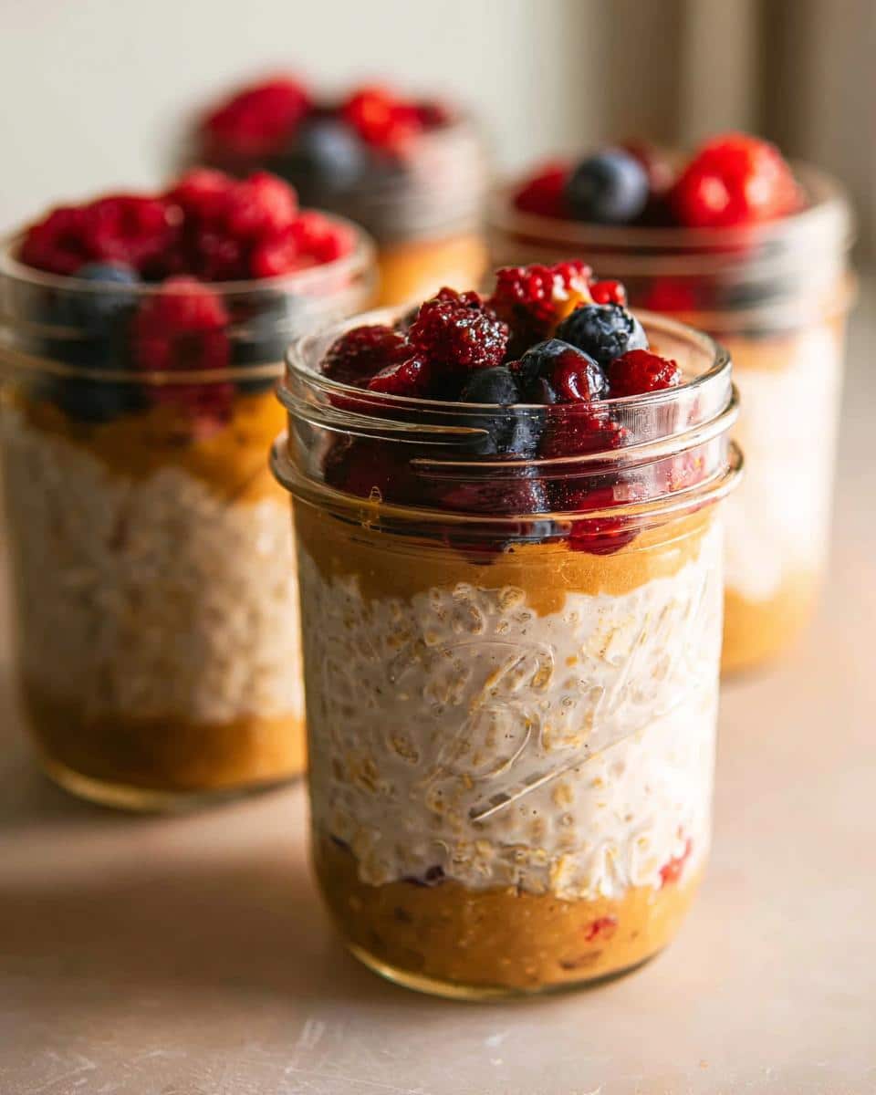 Four glass jars filled with layered Overnight Oats Meal Prep Jars topped with mixed berries.