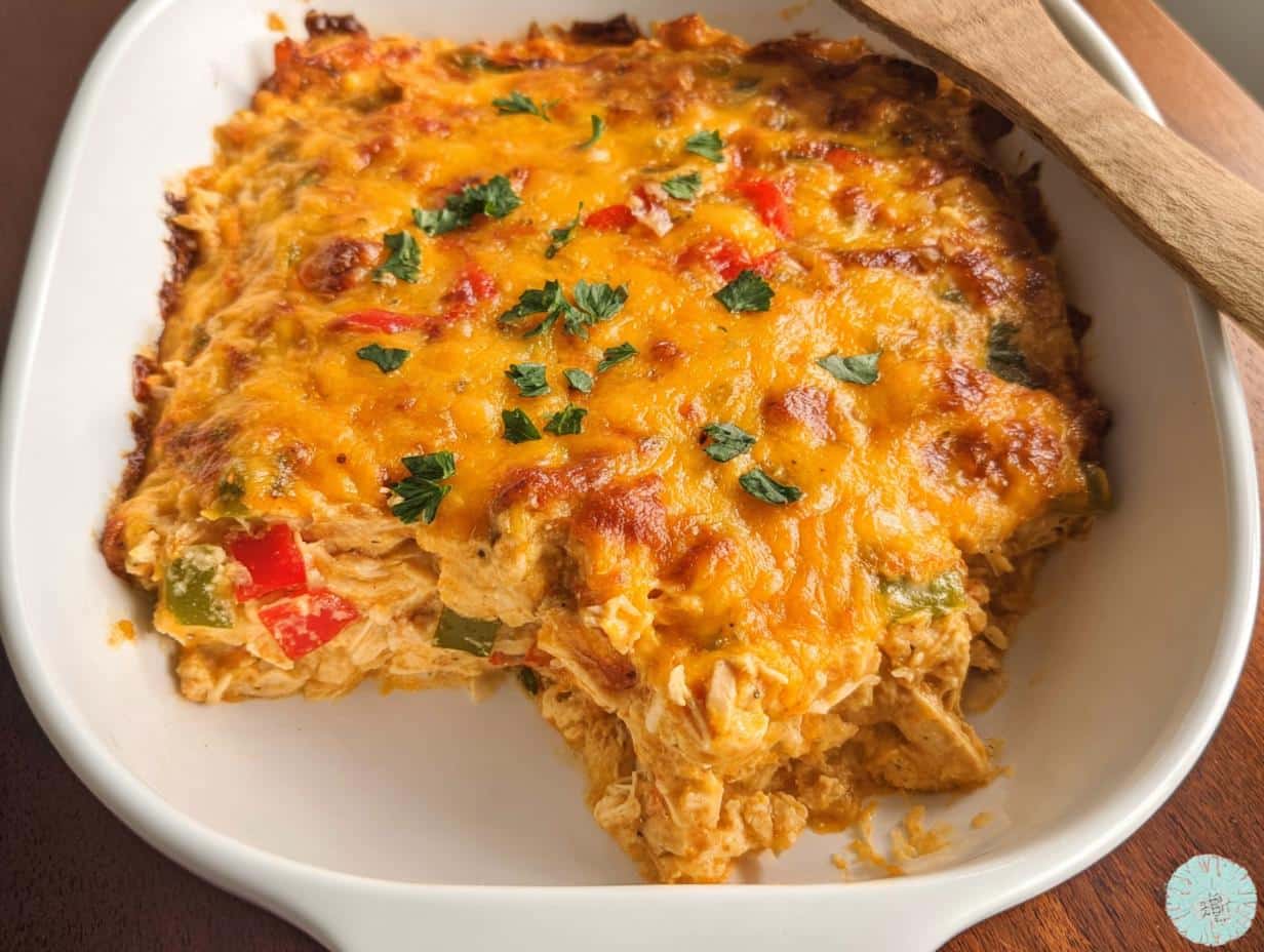 A scoop is taken out of the Best Chicken Fajita Casserole, showing shredded chicken, peppers, and a melted cheddar cheese topping.