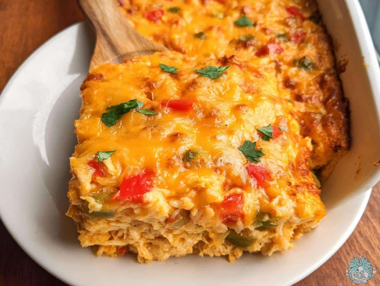 A square serving of the Best Chicken Fajita Casserole, topped with melted cheddar cheese and fresh cilantro.