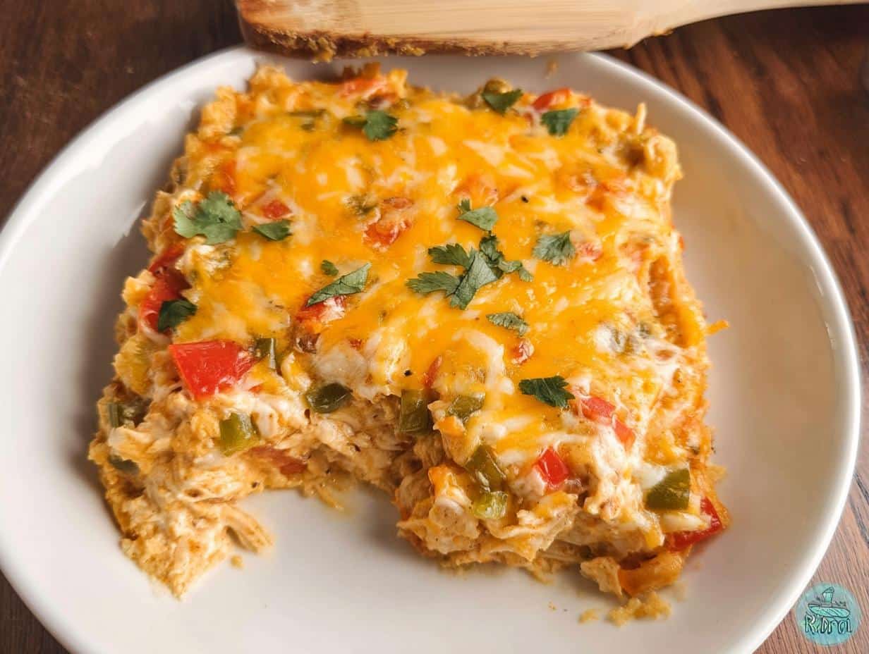 A close-up serving of the Best Chicken Fajita Casserole topped with melted cheddar and Monterey Jack cheese and fresh cilantro.