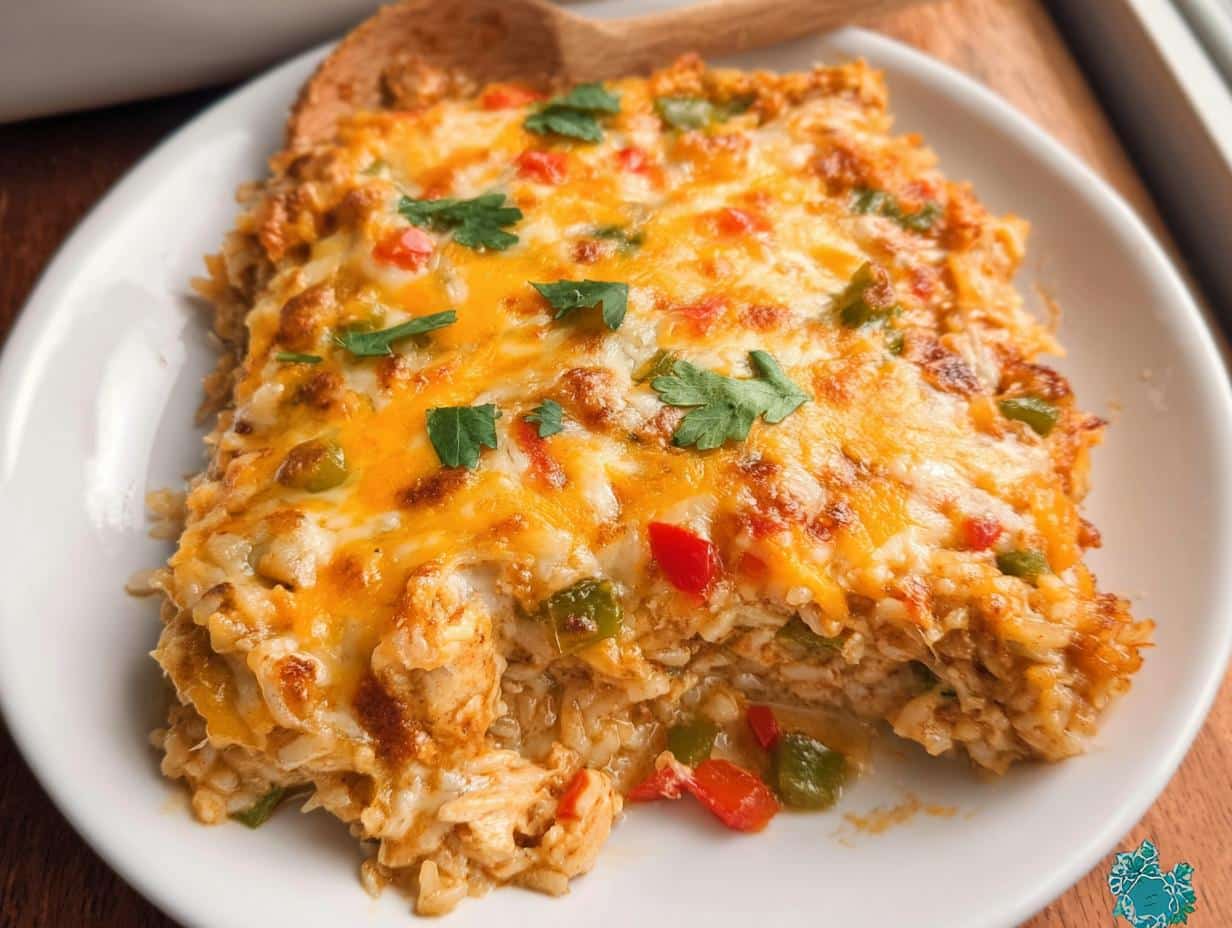 A square serving of the Best Chicken Fajita Casserole topped with melted cheddar cheese and cilantro.