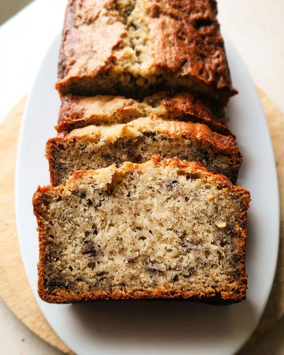 Close-up of sliced Best Ever Banana Bread (No Eggs or Dairy) showing a moist, speckled crumb.
