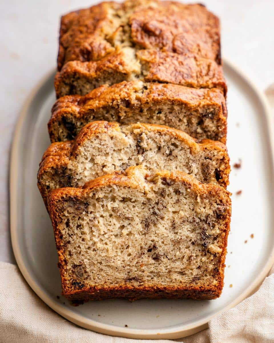 Slices of moist Best Ever Banana Bread (No Eggs or Dairy) showing a tender crumb and dark swirls.
