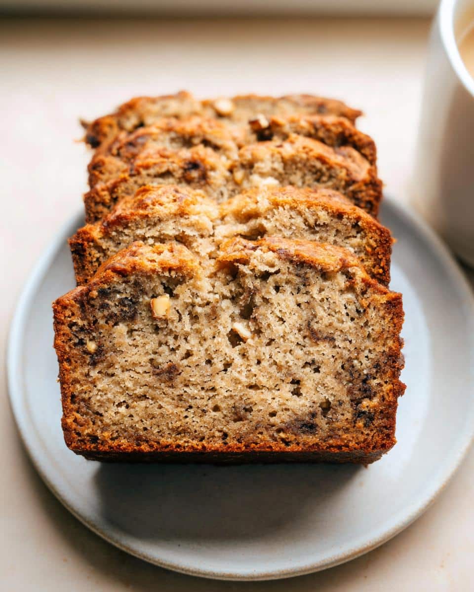 Four thick slices of moist Best Ever Banana Bread (No Eggs or Dairy) arranged on a light blue plate.