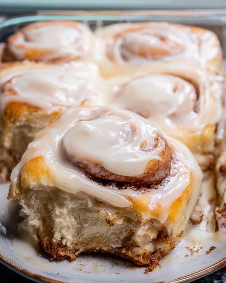 Close-up of a soft, fluffy homemade cinnamon roll pulled apart, generously covered in white cream cheese icing.
