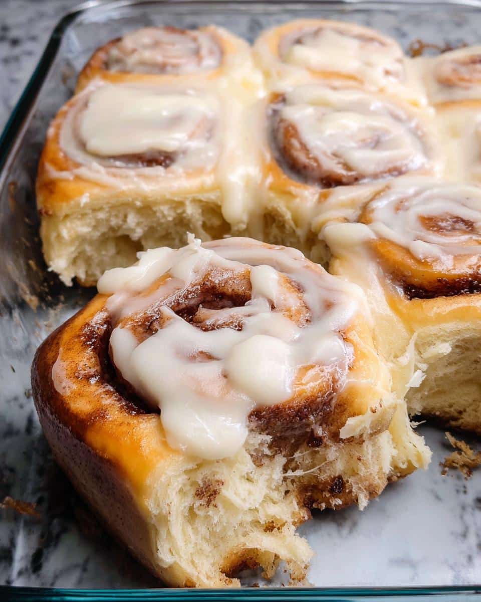 Close-up of a batch of The BEST Homemade Cinnamon Rolls, soft and gooey, topped with thick white cream cheese icing.