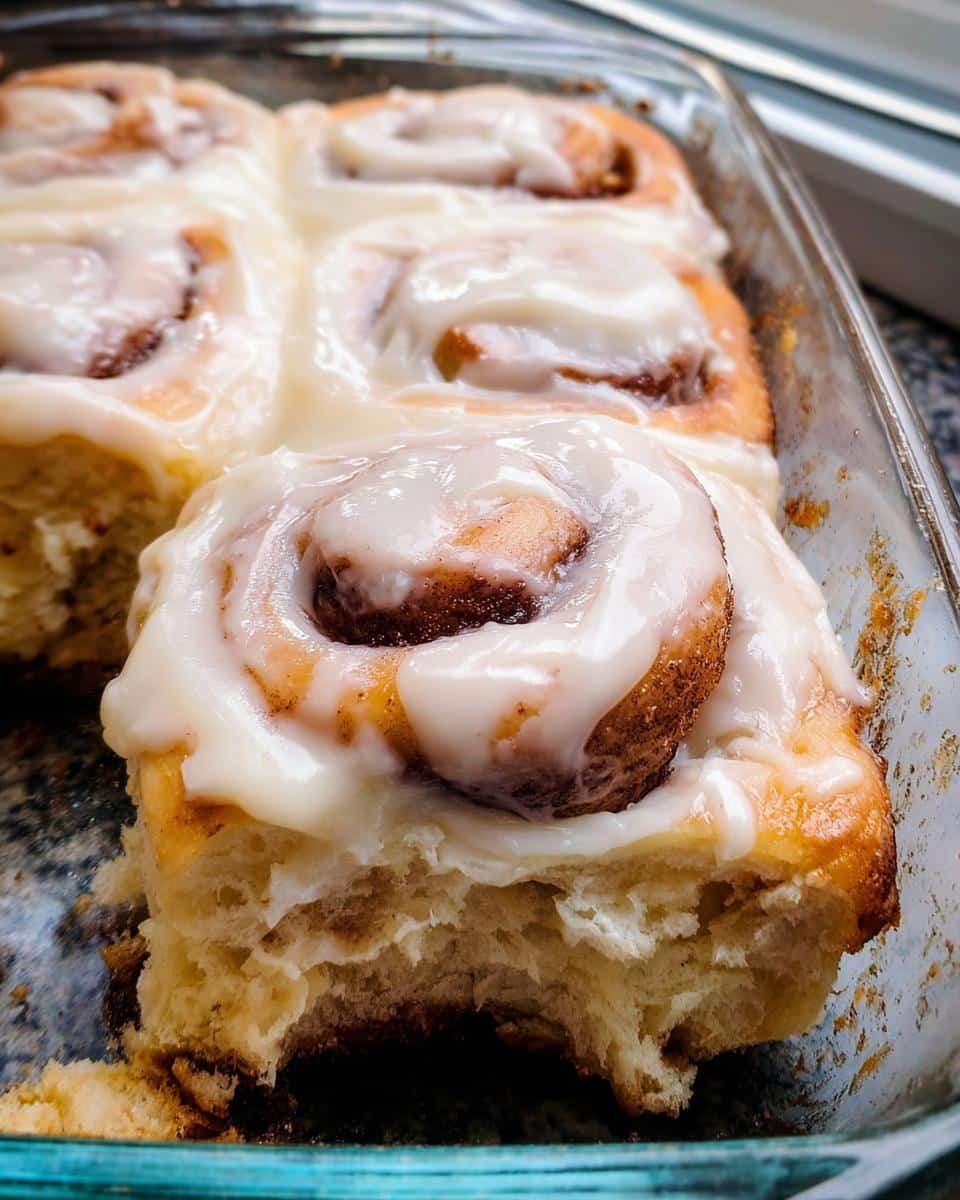 Close-up of soft, gooey homemade cinnamon rolls covered in thick white icing in a glass baking dish.