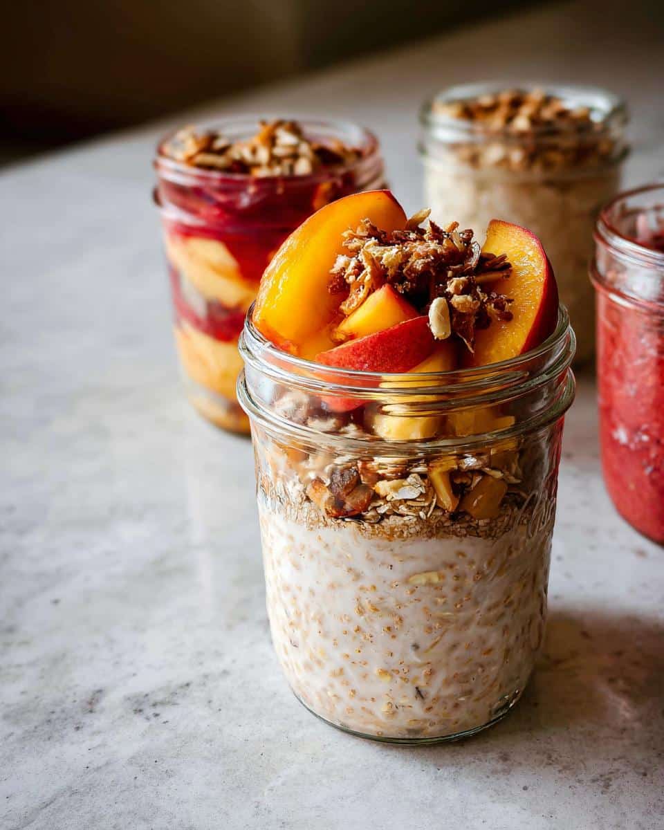 Close-up of a jar containing the Best Overnight Oats Recipe topped with sliced peaches and granola.
