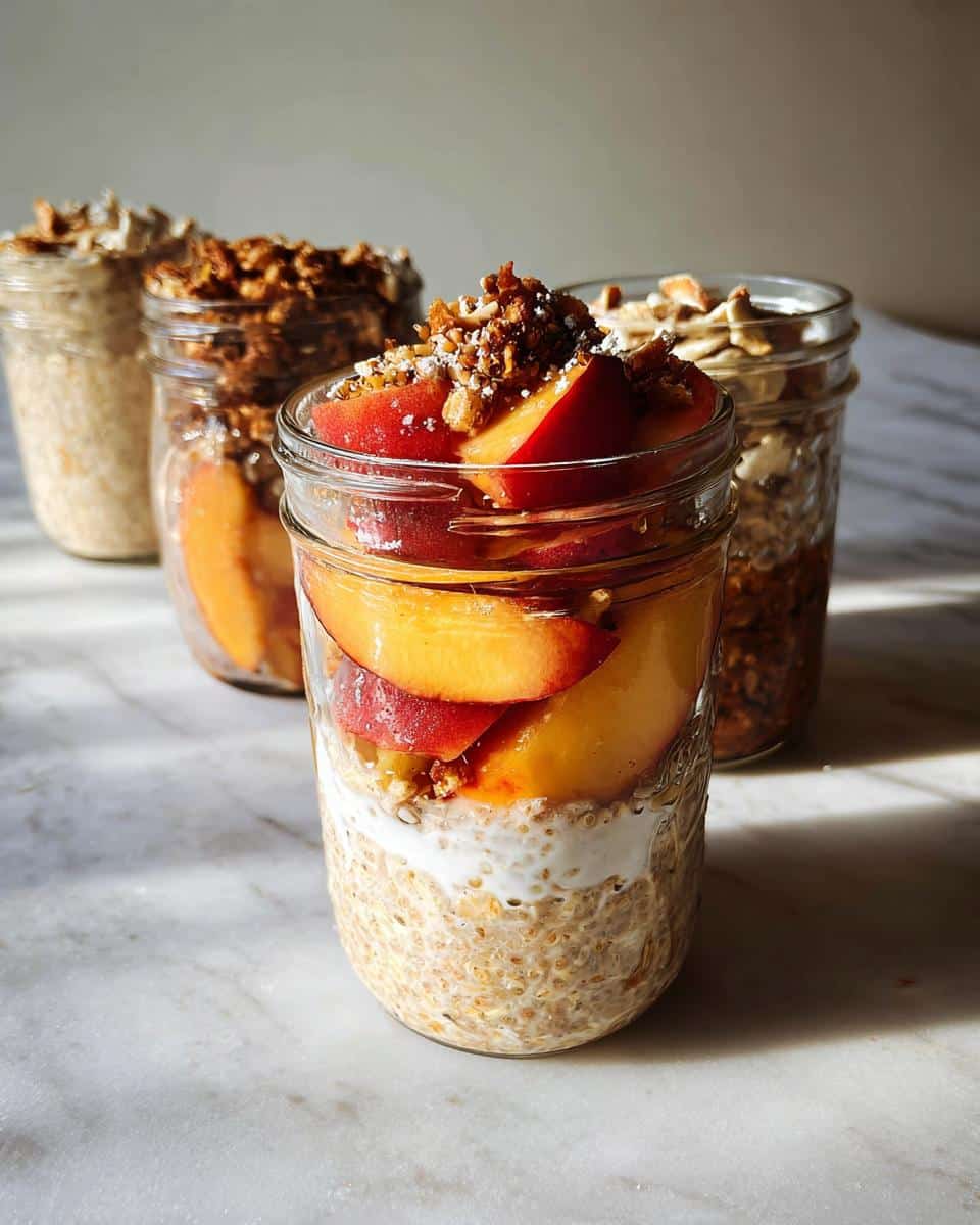Four jars showing variations of the Best Overnight Oats Recipe, with the front jar topped with fresh peach slices and granola.