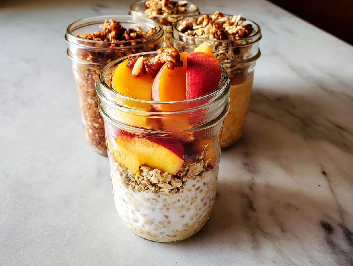 Four jars showing variations of the Best Overnight Oats Recipe, with the front jar topped with fresh peach slices and walnuts.