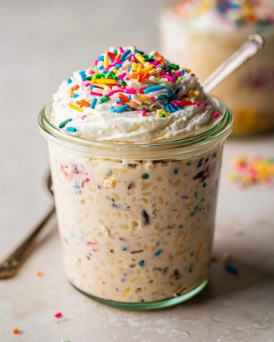 Close-up of Birthday Cake Overnight Oats in a glass jar, topped with whipped cream and rainbow sprinkles.