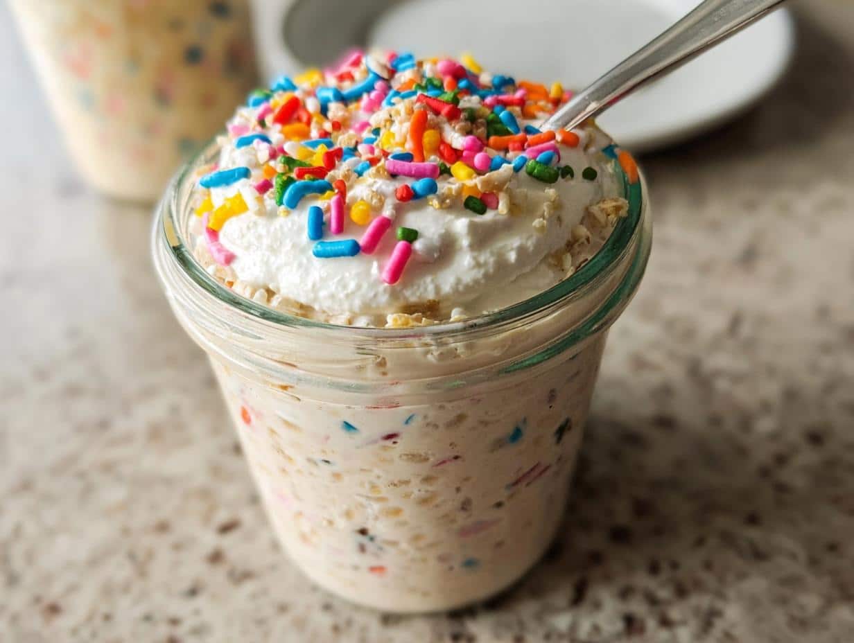 A glass jar filled with creamy Birthday Cake Overnight Oats, topped with whipped cream and colorful sprinkles.