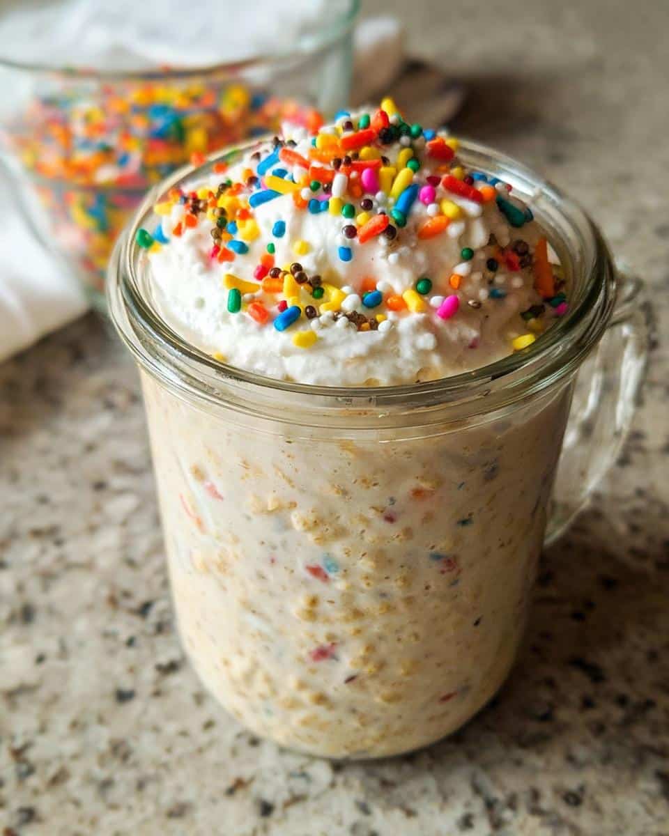 Close-up of Birthday Cake Overnight Oats in a glass jar, topped with whipped cream and colorful sprinkles.